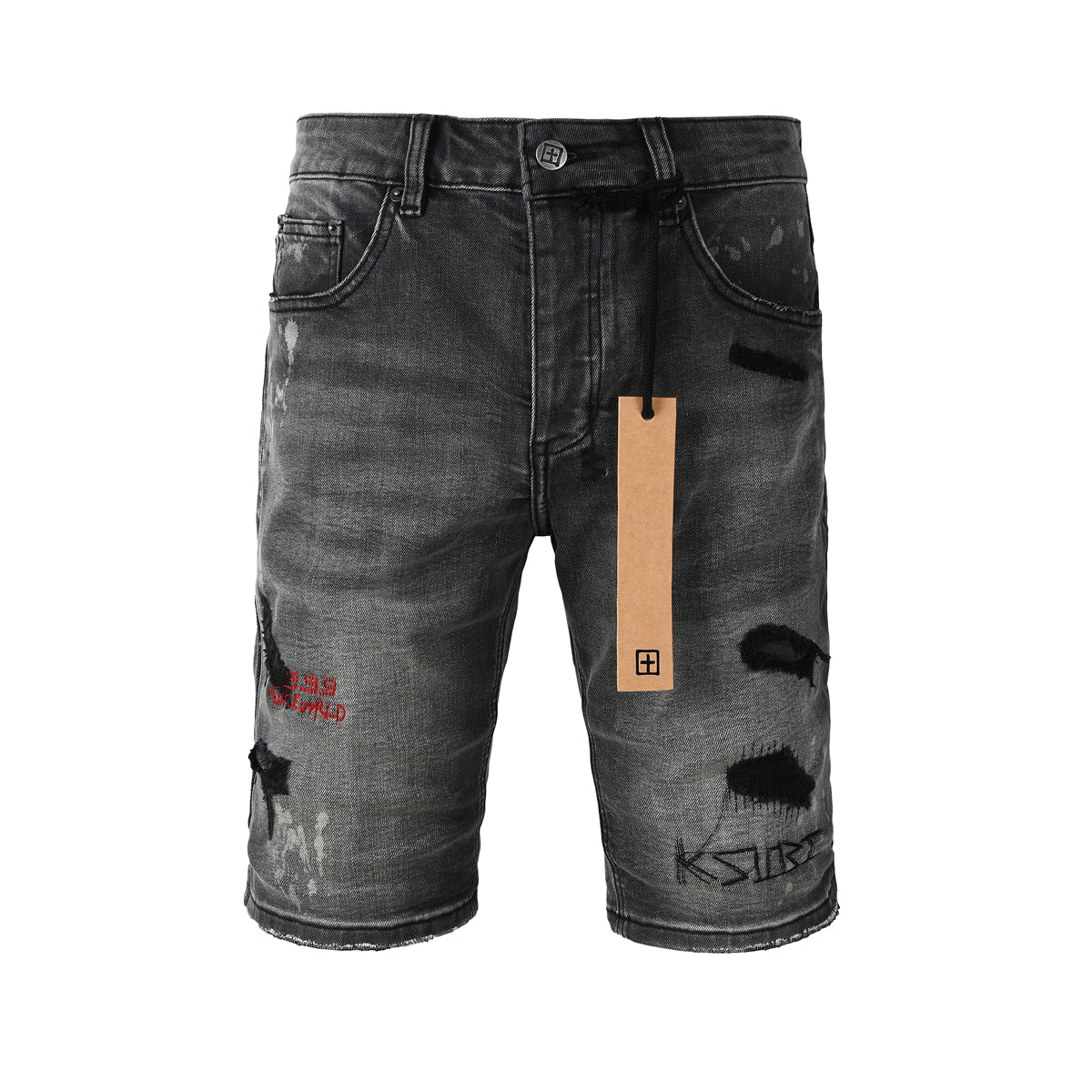 Purple jeans Men's Washed Black Distressed Denim Shorts with Graffiti Patchwork and Urban Street Style Detailing 2009