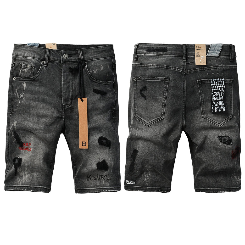 Purple jeans Men's Washed Black Distressed Denim Shorts with Graffiti Patchwork and Urban Street Style Detailing 2009