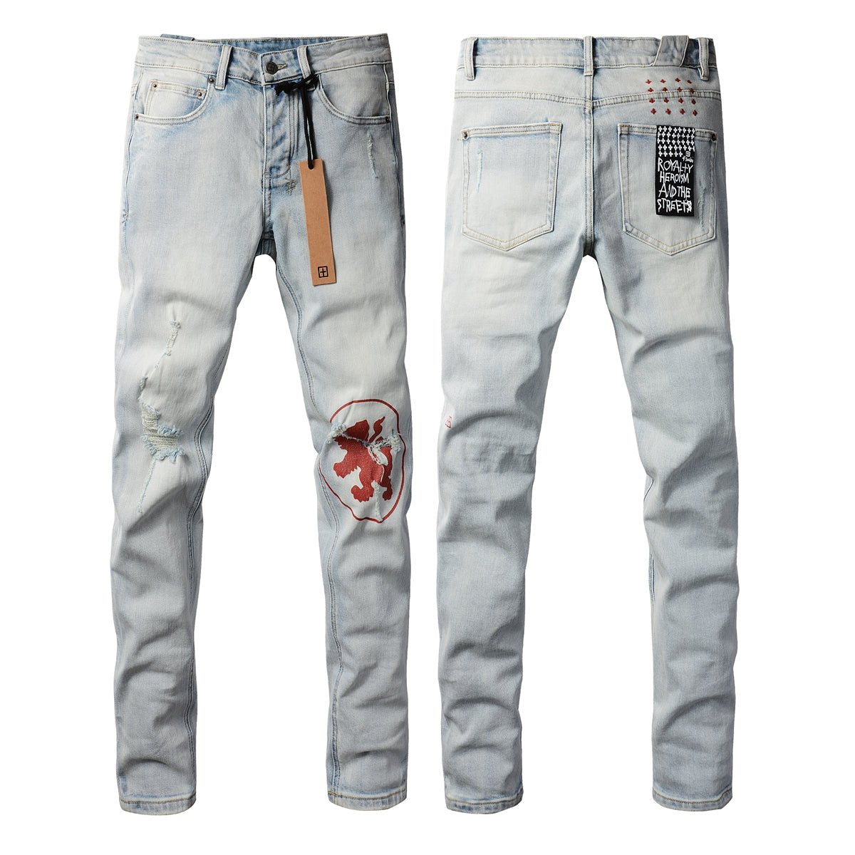 Purple Jeans Classic Blue Ripped Jeans with Distressed Knees 3008