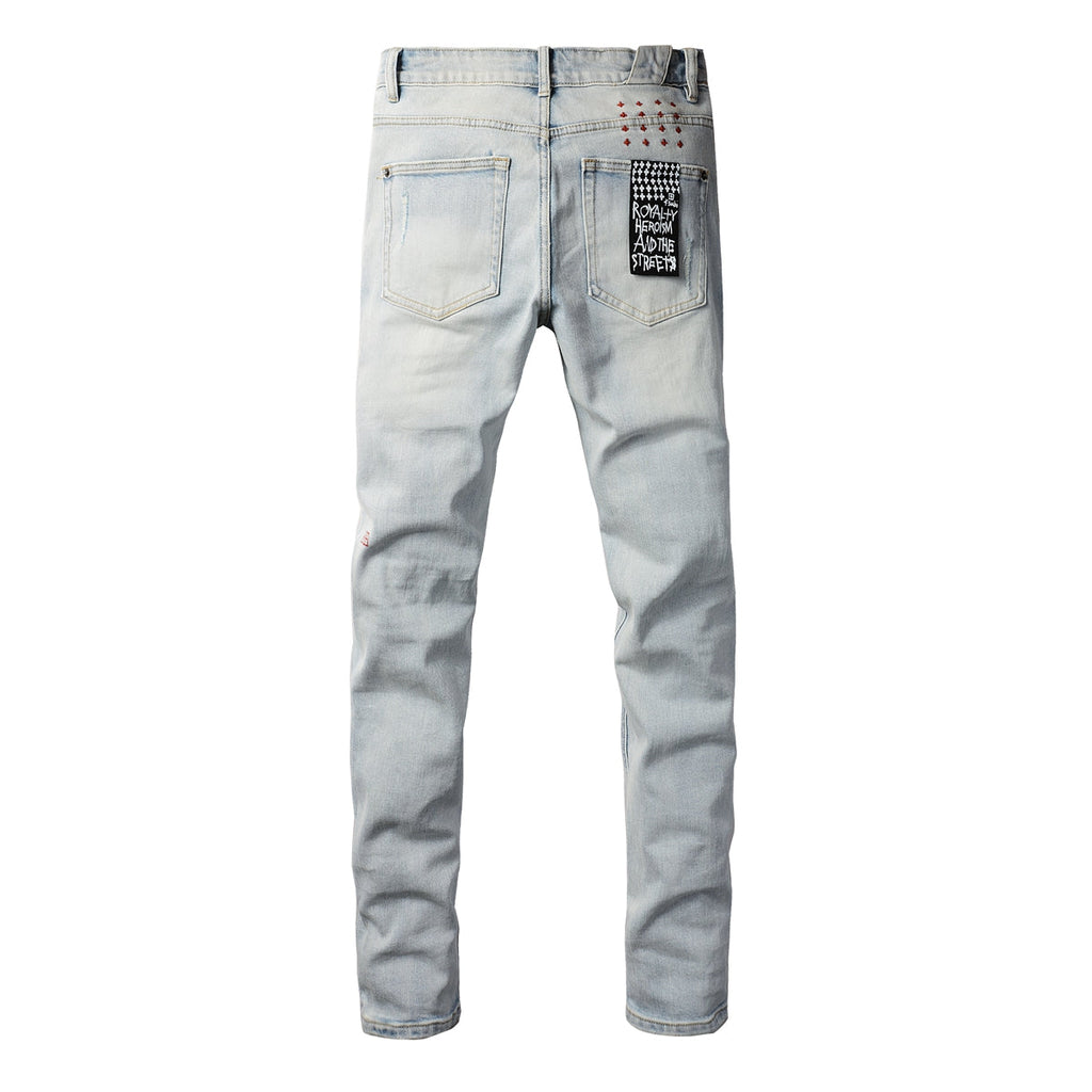 Purple Jeans Classic Blue Ripped Jeans with Distressed Knees 3008