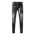 Purple Jeans Street Style Black Ripped Jeans with Frayed Knee Accents 3027