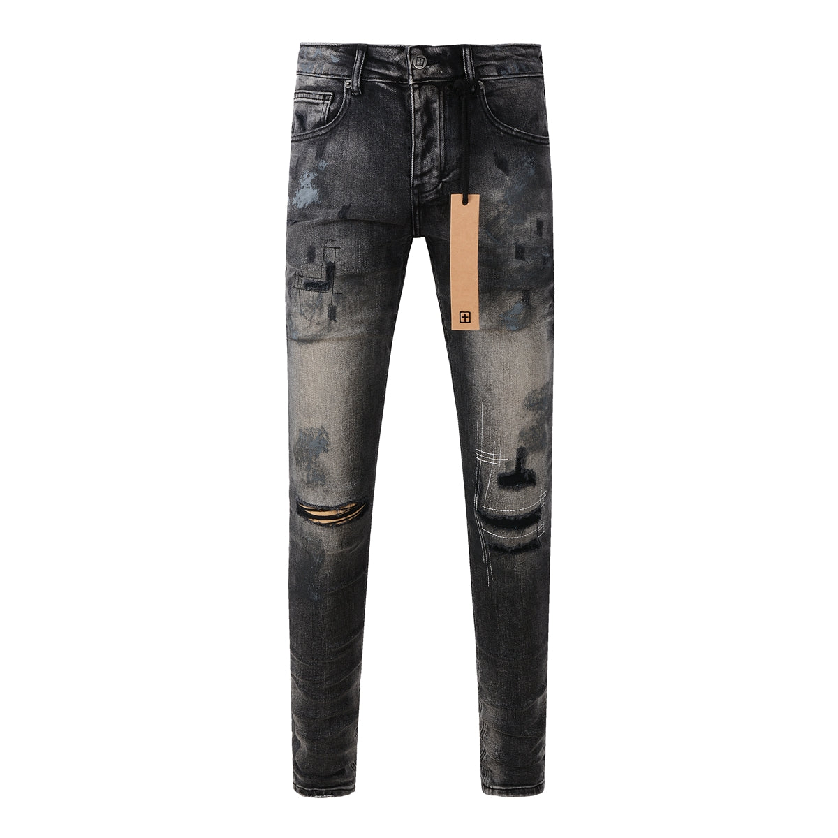 Purple Jeans Street Style Black Ripped Jeans with Frayed Knee Accents 3027