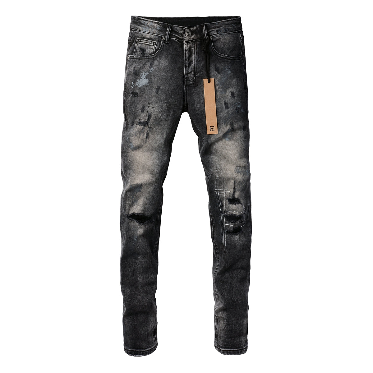Purple Jeans Street Style Black Ripped Jeans with Frayed Knee Accents 3027