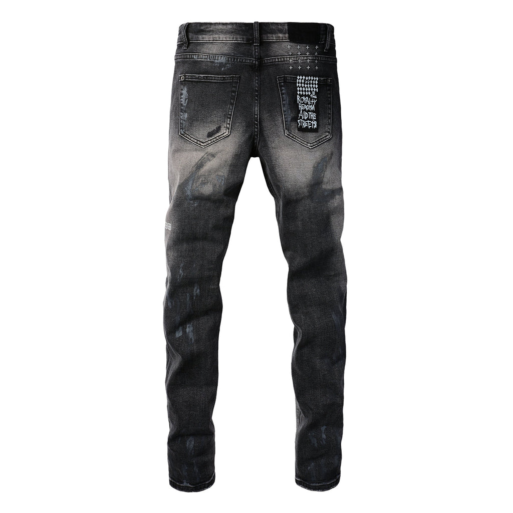Purple Jeans Street Style Black Ripped Jeans with Frayed Knee Accents 3027