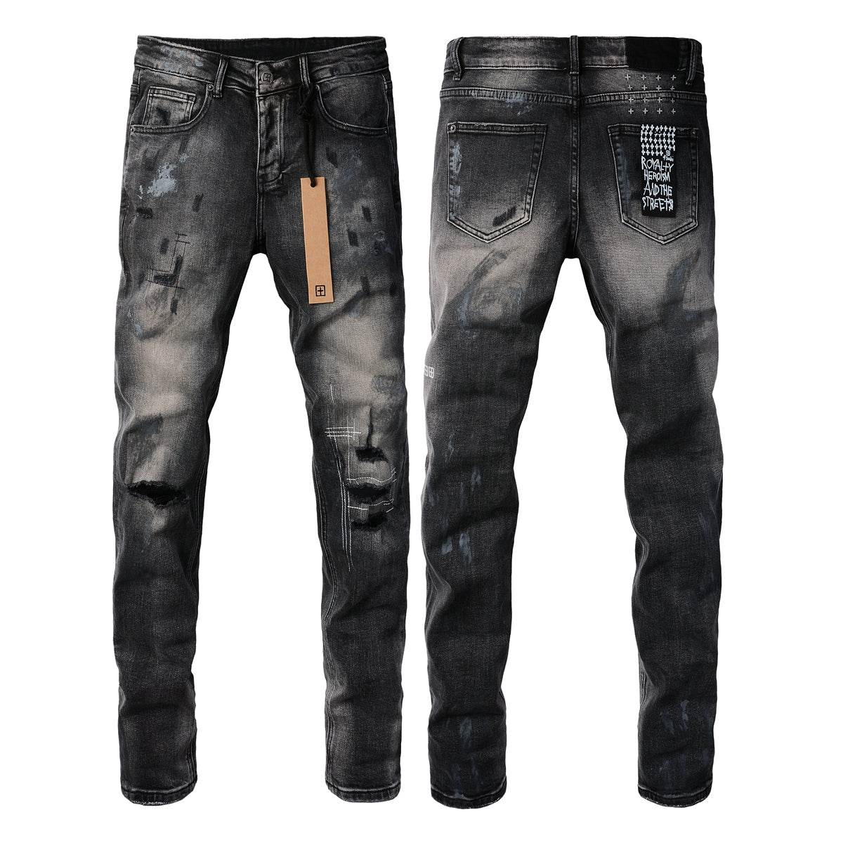 Purple Jeans Street Style Black Ripped Jeans with Frayed Knee Accents 3027