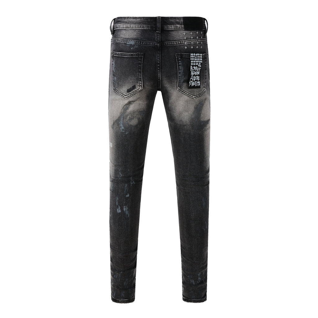 Purple Jeans Street Style Black Ripped Jeans with Frayed Knee Accents 3027