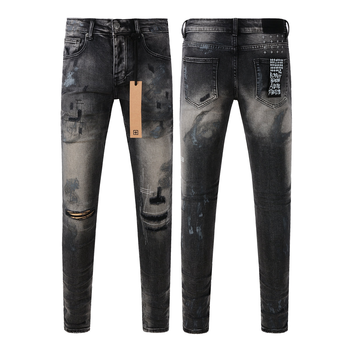 Purple Jeans Street Style Black Ripped Jeans with Frayed Knee Accents 3027