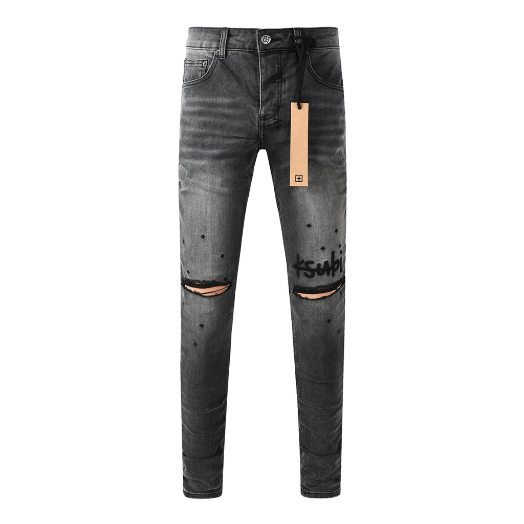 Purple Jeans Men Streetwear Jeans Washed Black with Ripped Knees Paint Splatter and Graphic Patch 3034