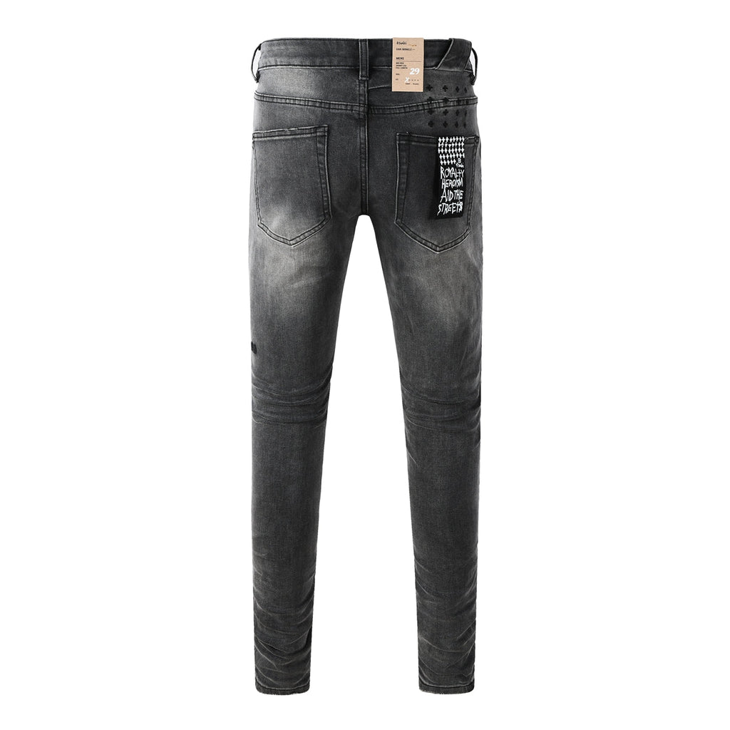 Purple Jeans Men Streetwear Jeans Washed Black with Ripped Knees Paint Splatter and Graphic Patch 3034