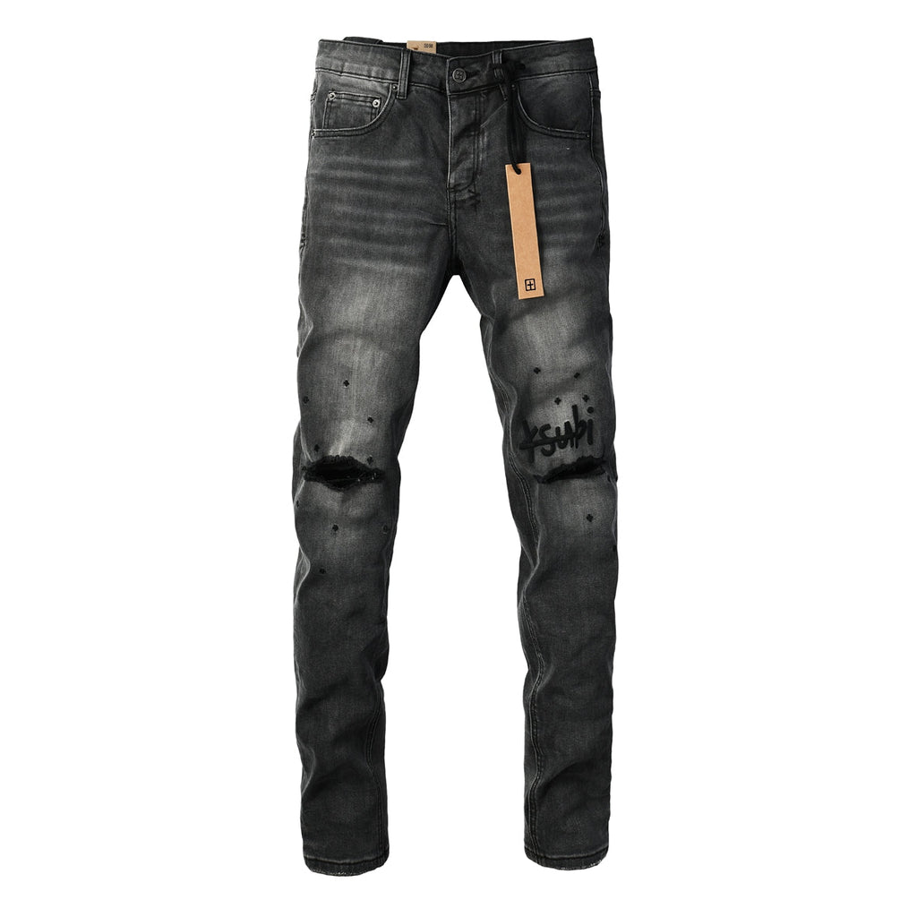 Purple Jeans Men Streetwear Jeans Washed Black with Ripped Knees Paint Splatter and Graphic Patch 3034