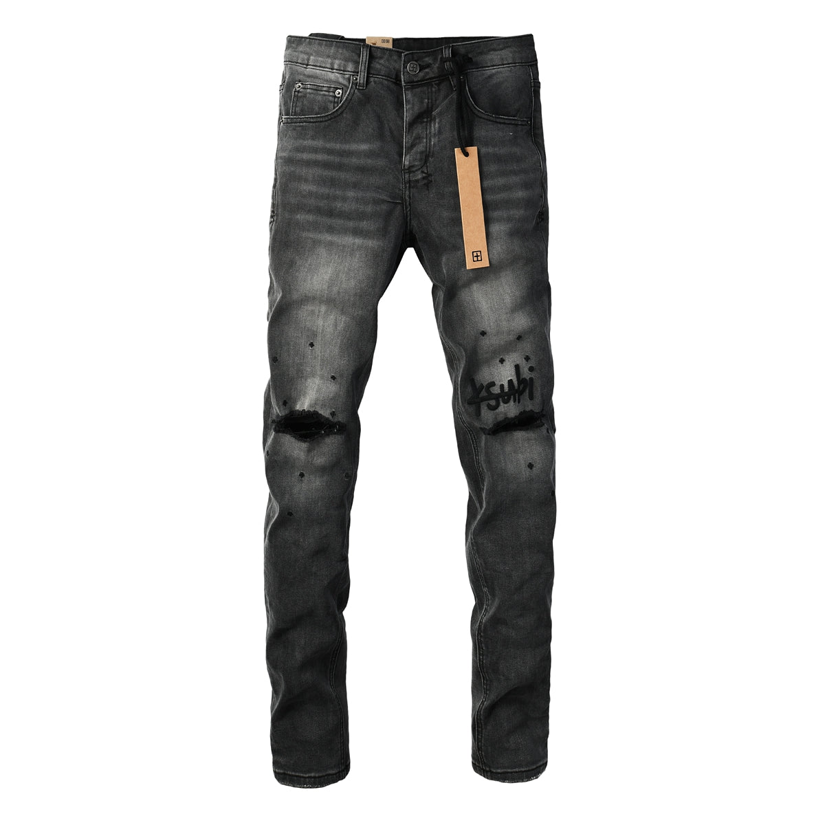 Purple Jeans Men Streetwear Jeans Washed Black with Ripped Knees Paint Splatter and Graphic Patch 3034