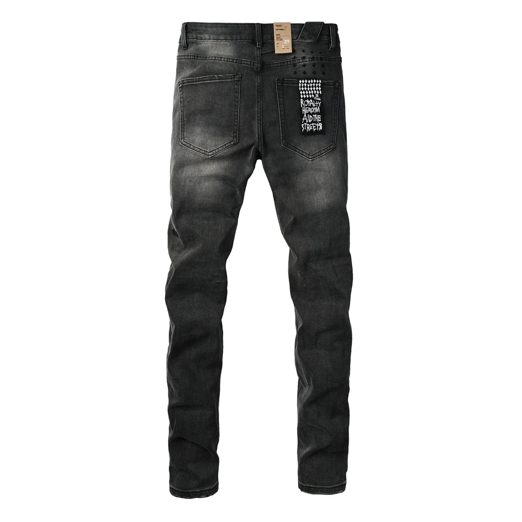 Purple Jeans Men Streetwear Jeans Washed Black with Ripped Knees Paint Splatter and Graphic Patch 3034