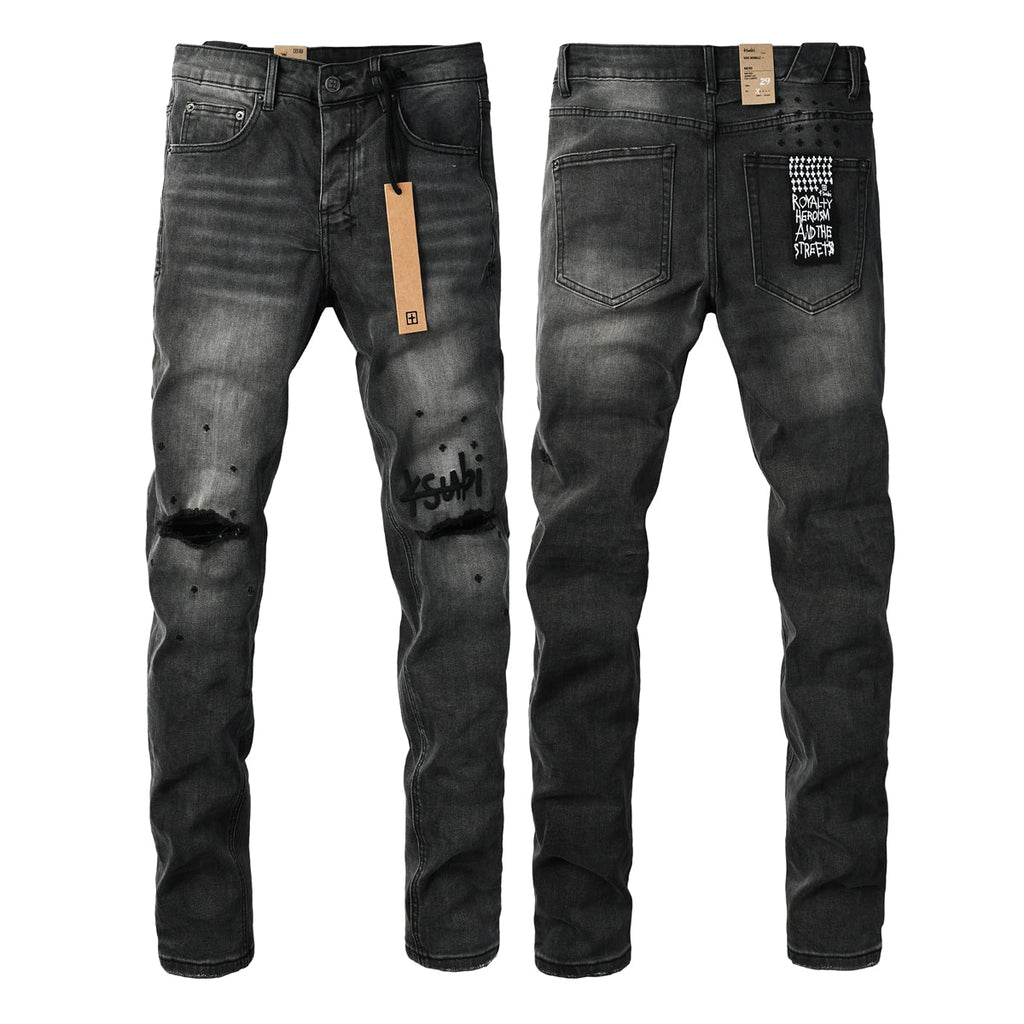 Purple Jeans Men Streetwear Jeans Washed Black with Ripped Knees Paint Splatter and Graphic Patch 3034