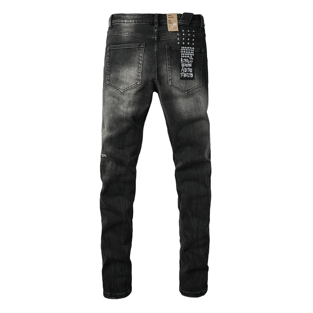 Purple Jeans Edgy Streetwear Men’s Black Ripped Jeans with Graphic Back Print and Natural Fade Effect for Everyday Looks 3035