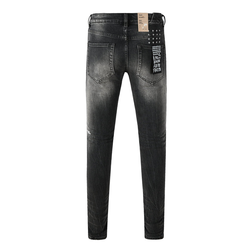 Purple Jeans Edgy Streetwear Men’s Black Ripped Jeans with Graphic Back Print and Natural Fade Effect for Everyday Looks 3035