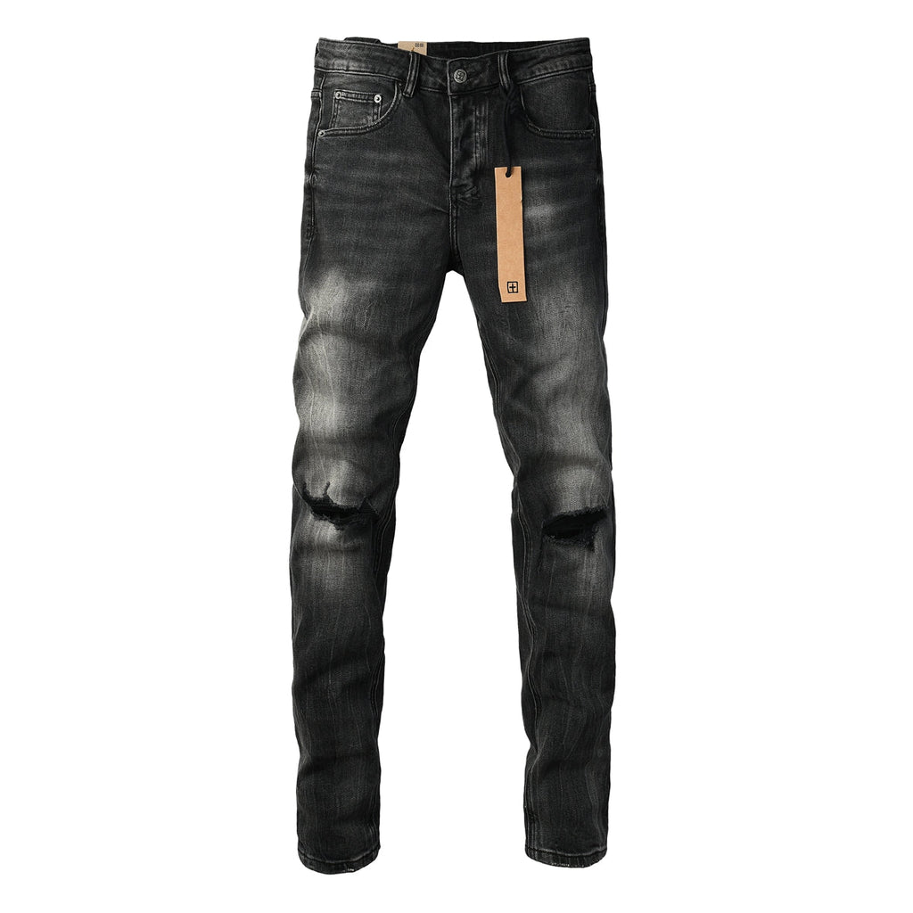 Purple Jeans Edgy Streetwear Men’s Black Ripped Jeans with Graphic Back Print and Natural Fade Effect for Everyday Looks 3035