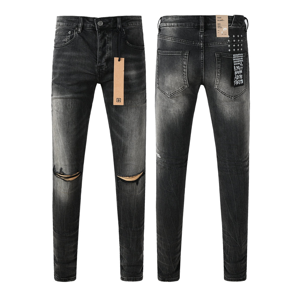 Purple Jeans Edgy Streetwear Men’s Black Ripped Jeans with Graphic Back Print and Natural Fade Effect for Everyday Looks 3035