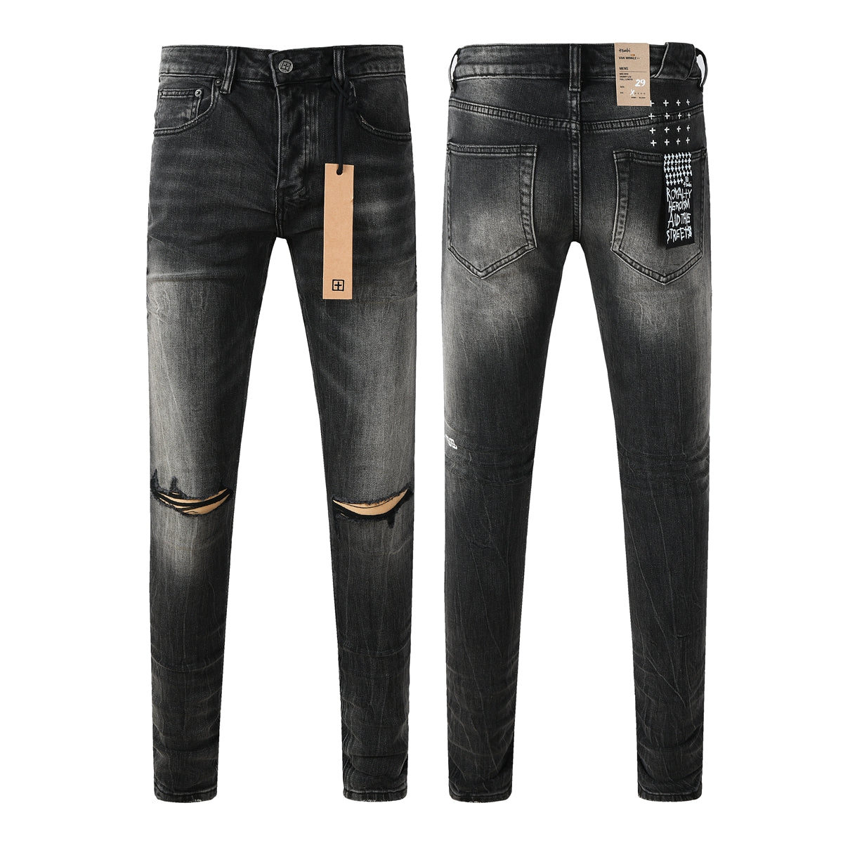 Purple Jeans Edgy Streetwear Men’s Black Ripped Jeans with Graphic Back Print and Natural Fade Effect for Everyday Looks 3035