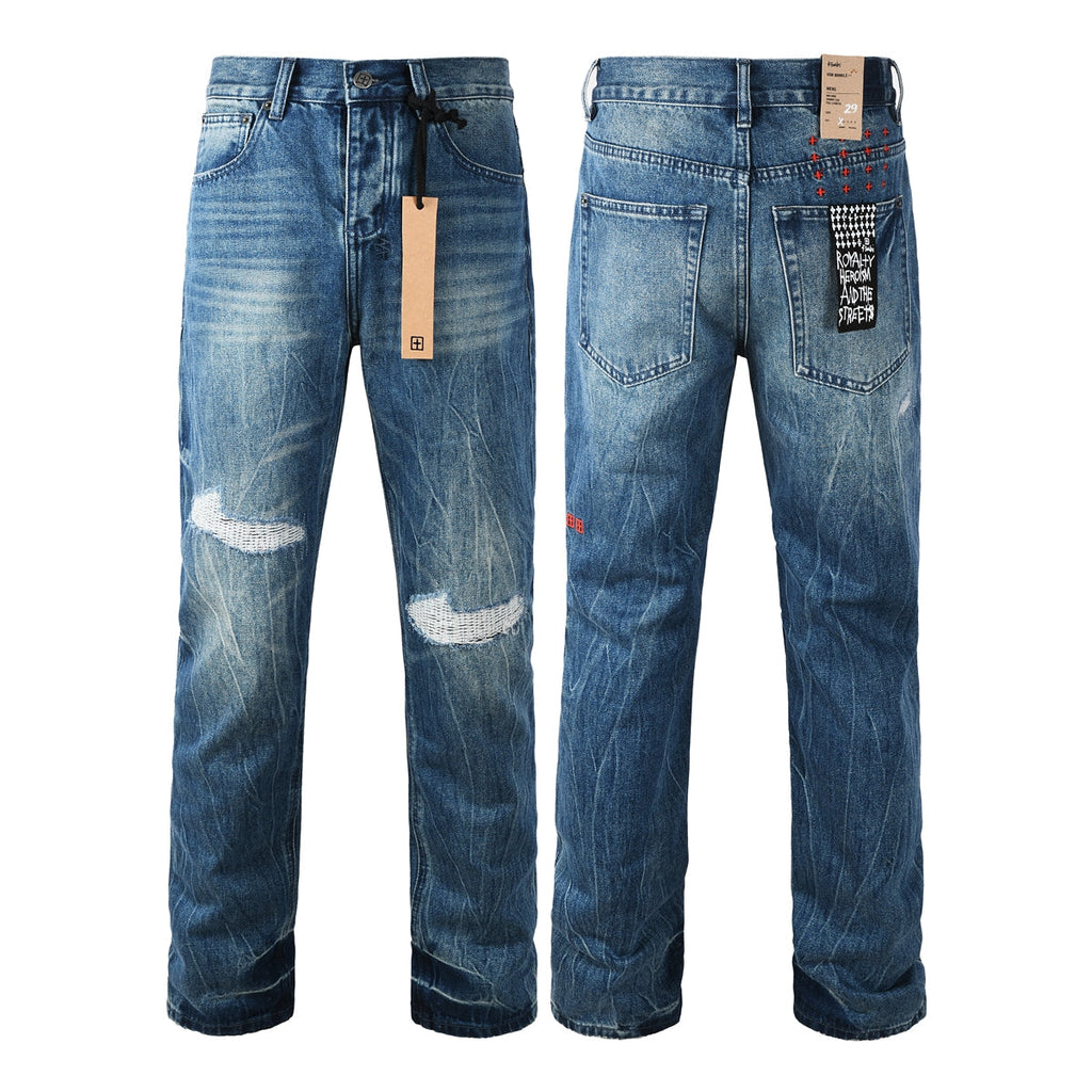 Purple Men Streetwear Jeans Vintage Blue Washed with Knee Repair Details and Graphic Back Pocket Patch 3039
