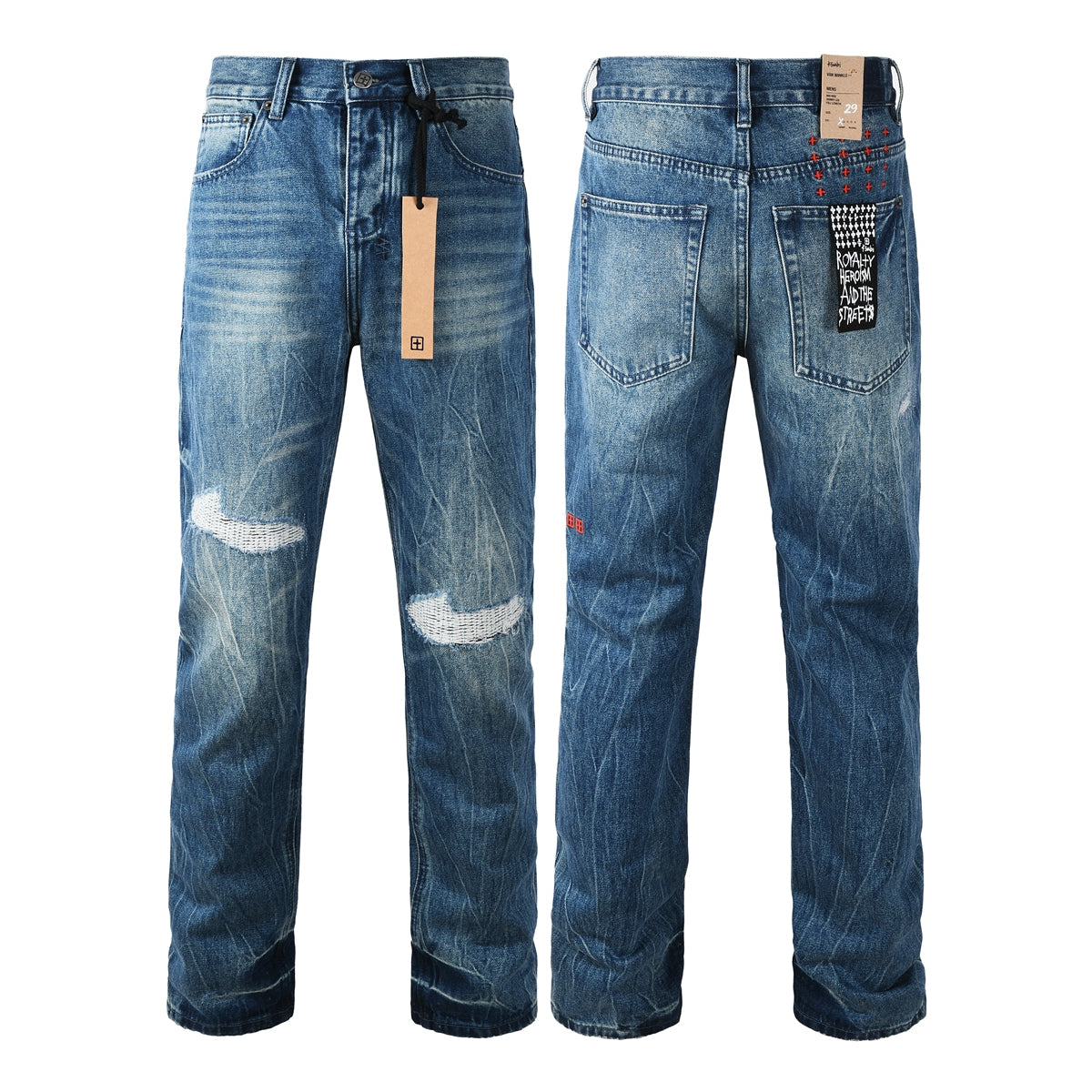 Purple Men Streetwear Jeans Vintage Blue Washed with Knee Repair Details and Graphic Back Pocket Patch 3039