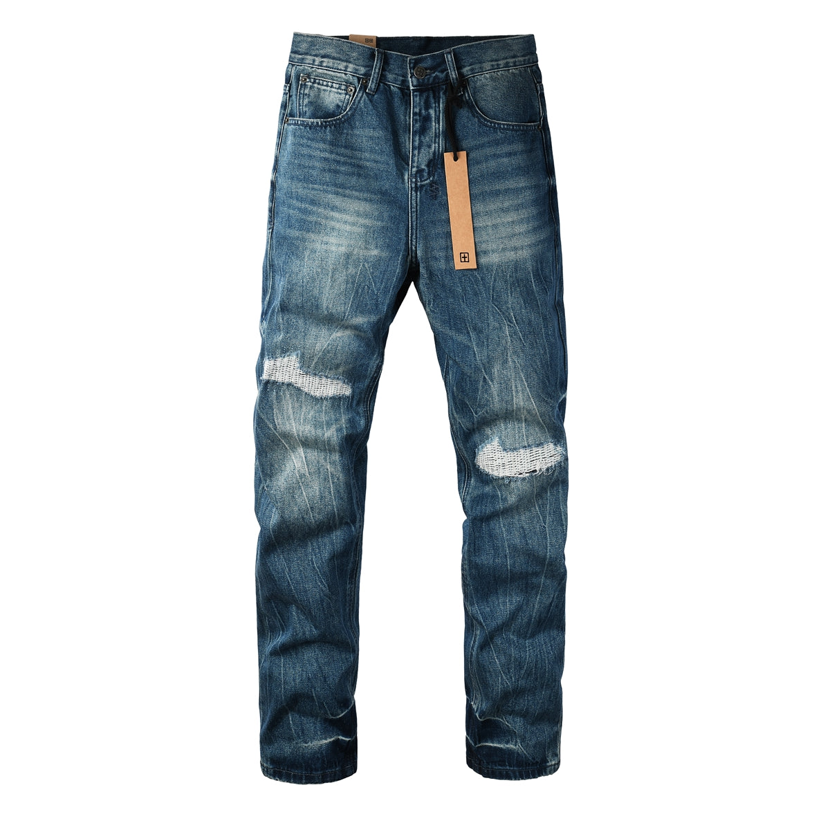 Purple Men Streetwear Jeans Vintage Blue Washed with Knee Repair Details and Graphic Back Pocket Patch 3039