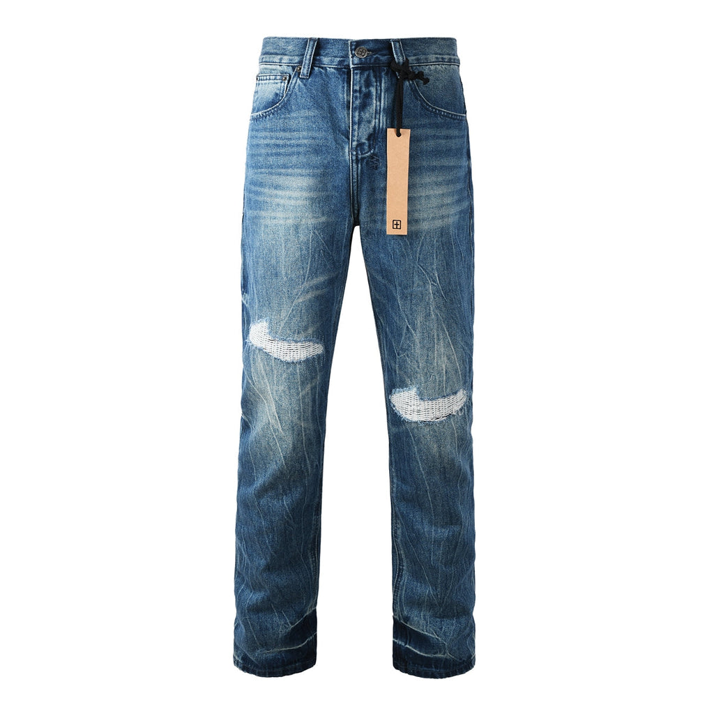 Purple Men Streetwear Jeans Vintage Blue Washed with Knee Repair Details and Graphic Back Pocket Patch 3039