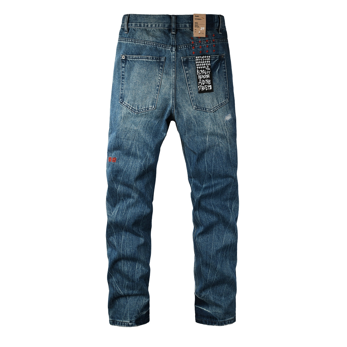 Purple Men Streetwear Jeans Vintage Blue Washed with Knee Repair Details and Graphic Back Pocket Patch 3039