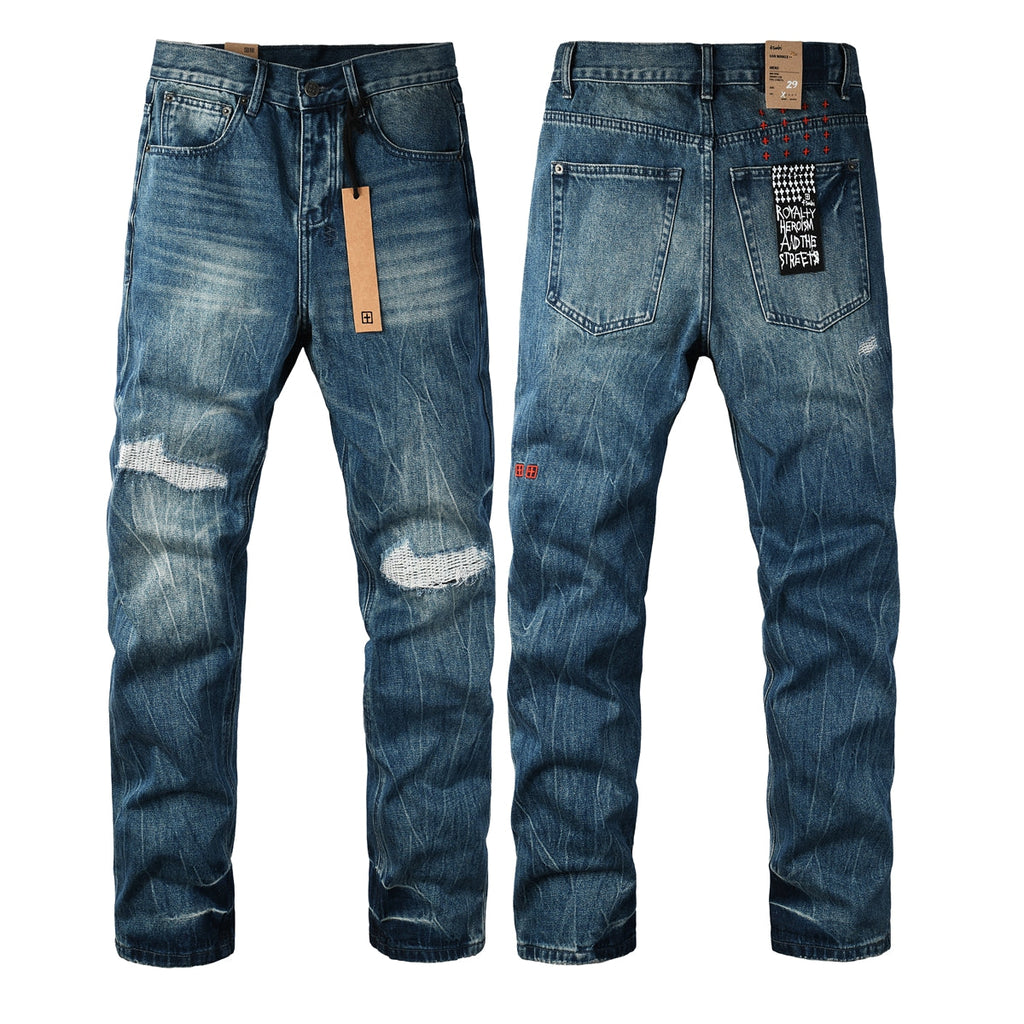 Purple Men Streetwear Jeans Vintage Blue Washed with Knee Repair Details and Graphic Back Pocket Patch 3039