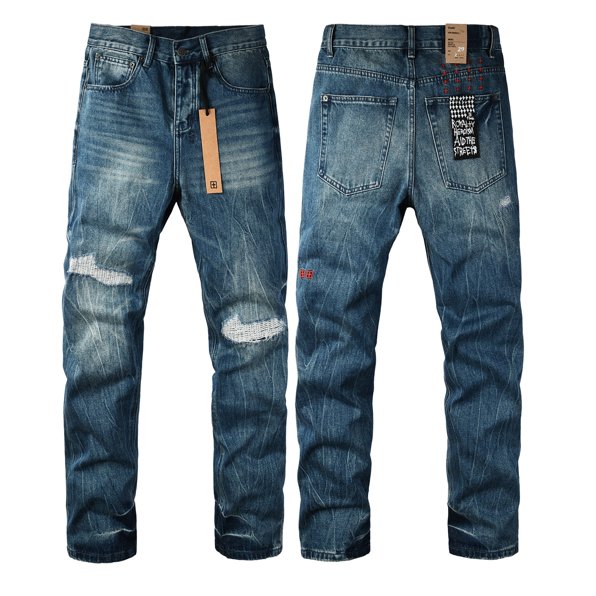 Purple Men Streetwear Jeans Vintage Blue Washed with Knee Repair Details and Graphic Back Pocket Patch 3039