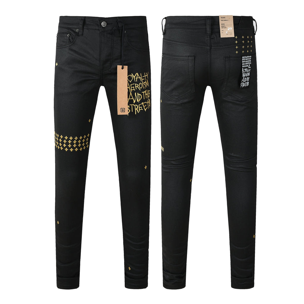 Purple Jeans Edgy Streetwear Men’s Black Ripped Jeans with Graphic Back Print and Natural Fade Effect for Everyday Looks 3045