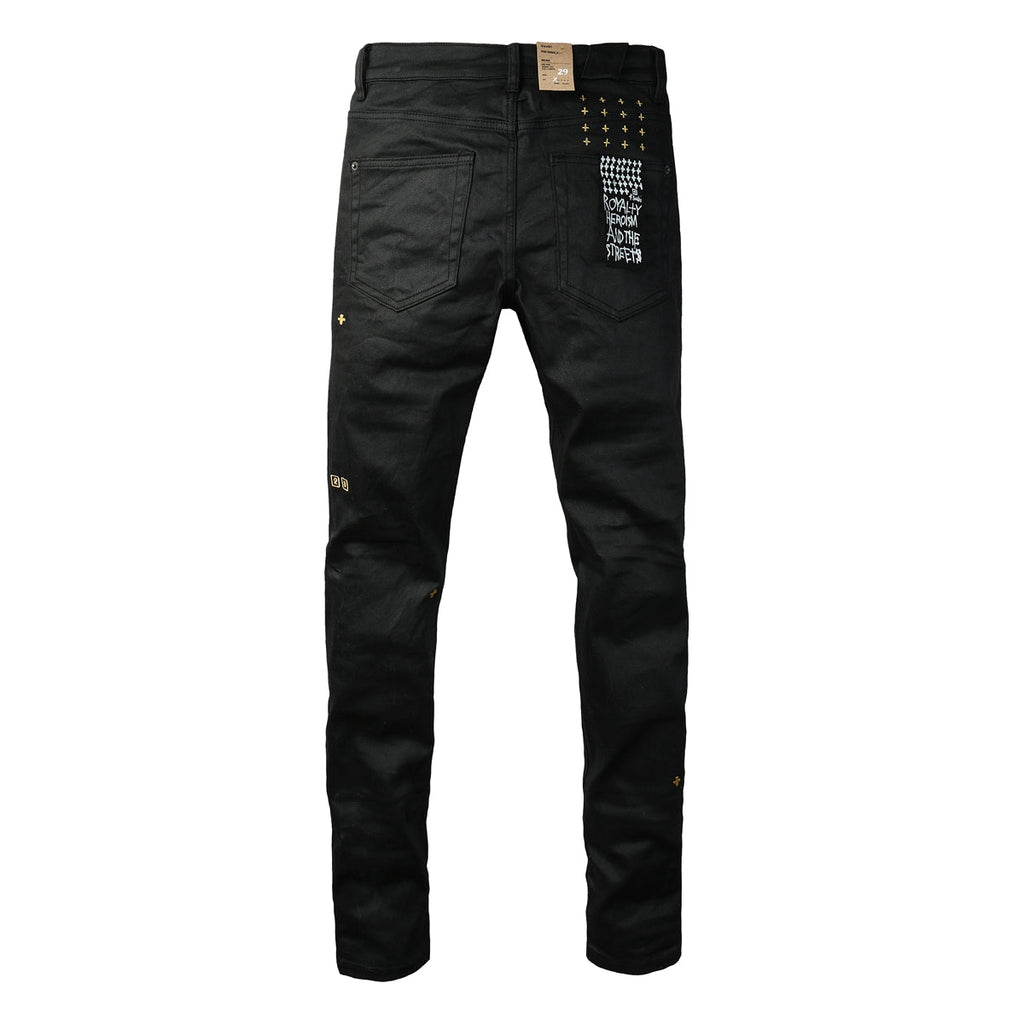 Purple Jeans Edgy Streetwear Men’s Black Ripped Jeans with Graphic Back Print and Natural Fade Effect for Everyday Looks 3045