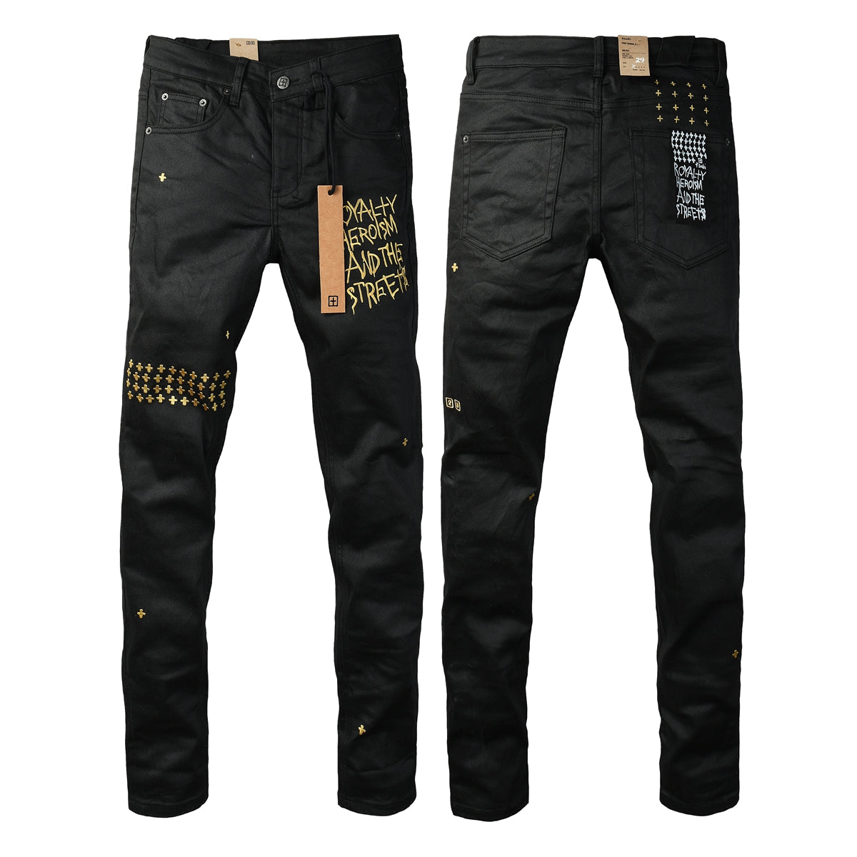 Purple Jeans Edgy Streetwear Men’s Black Ripped Jeans with Graphic Back Print and Natural Fade Effect for Everyday Looks 3045