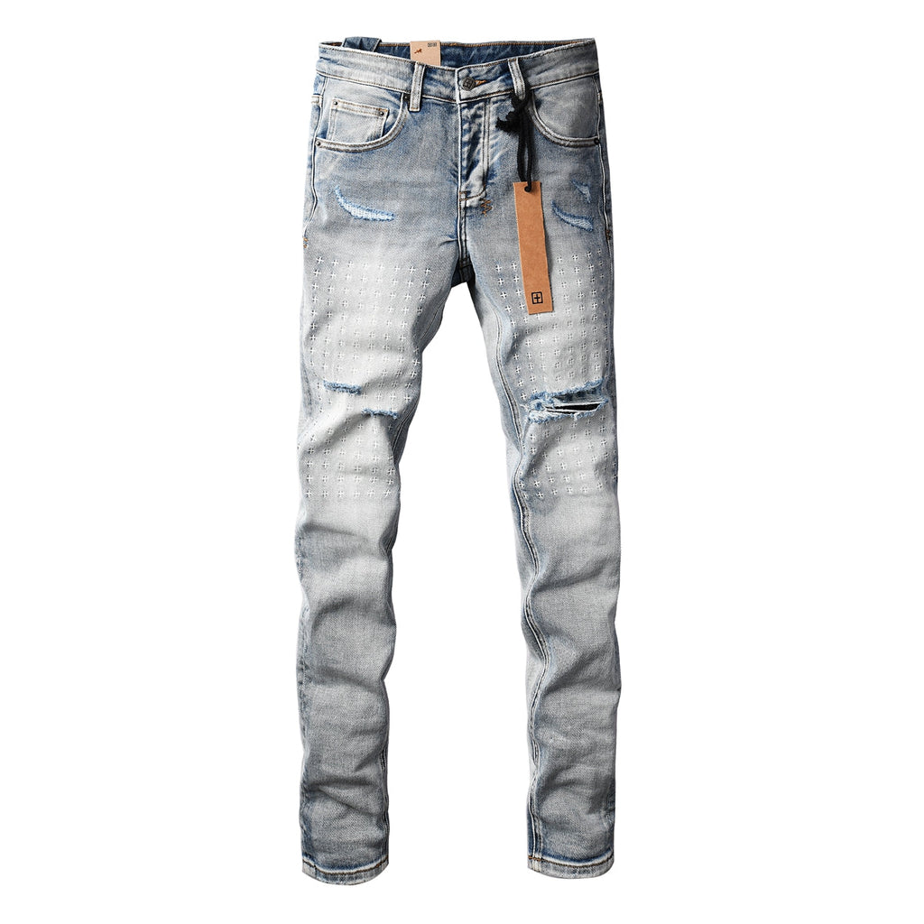 Purple Men's Light Blue Slim Fit Distressed Jeans with Decorative Stitching, Graphic Patchwork, and Urban Street Style 3047