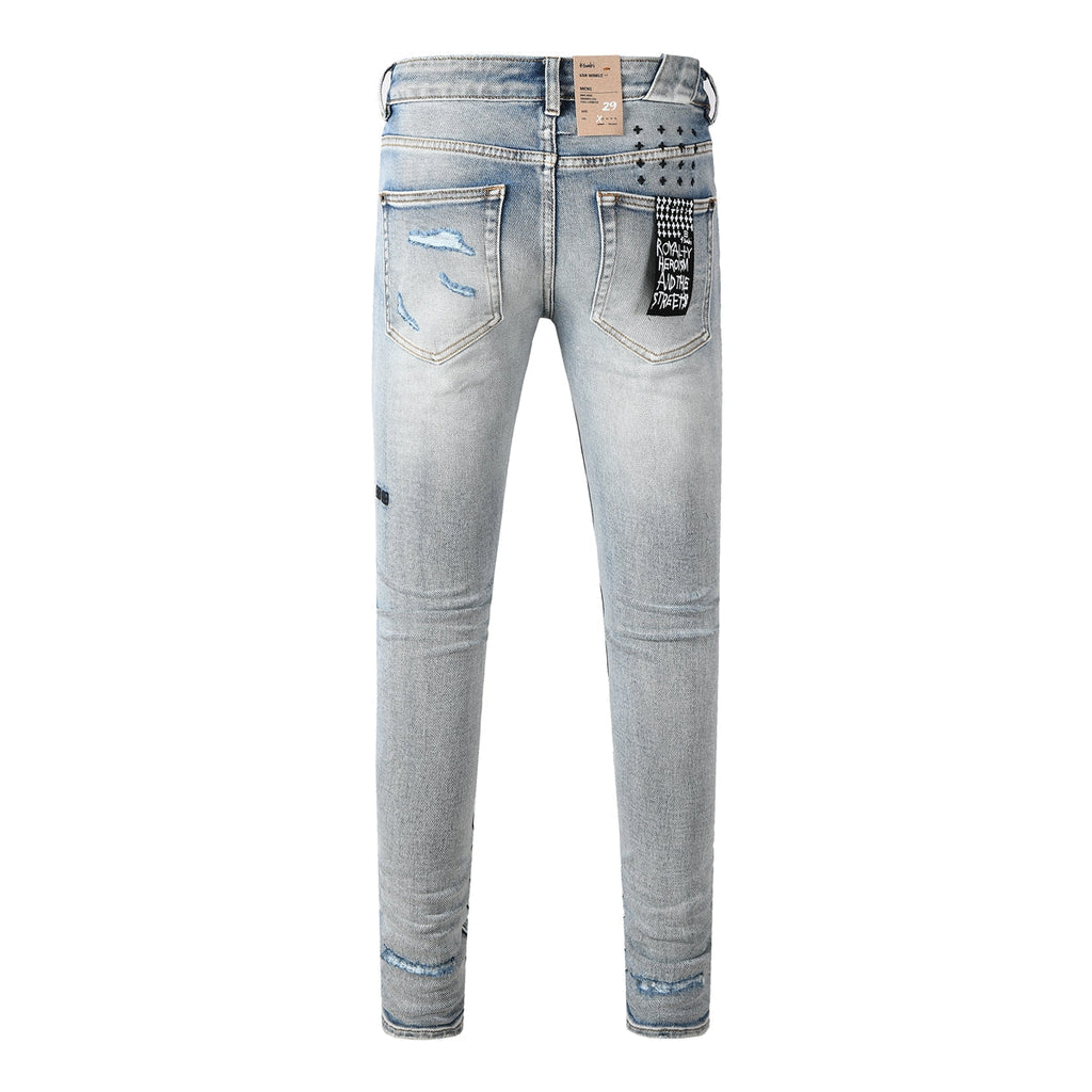 Purple Men's Light Blue Slim Fit Distressed Jeans with Decorative Stitching, Graphic Patchwork, and Urban Street Style 3047