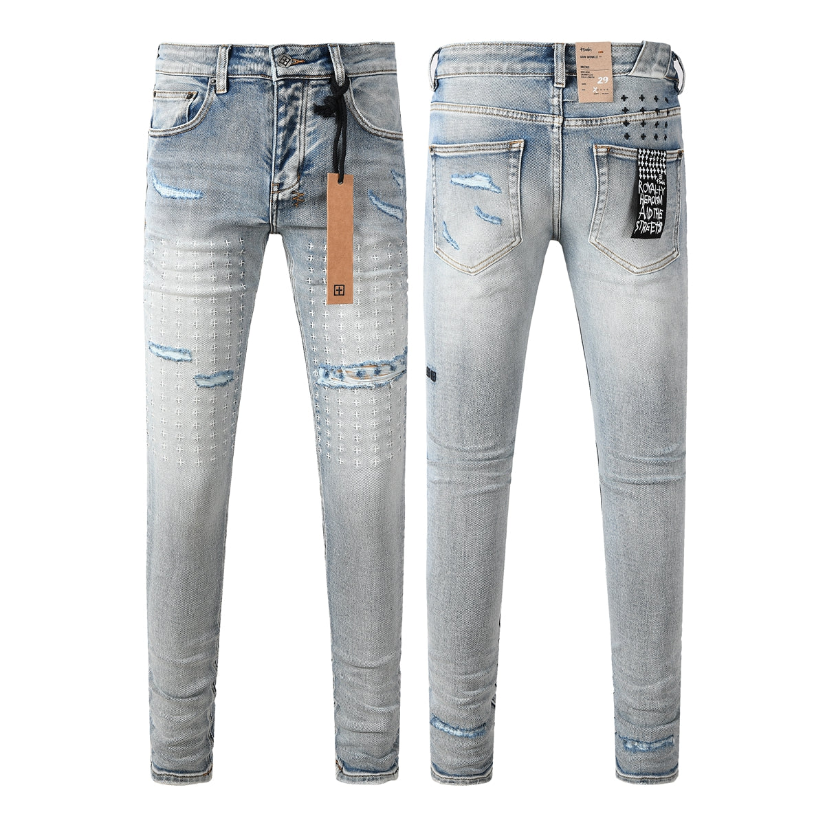 Purple Men's Light Blue Slim Fit Distressed Jeans with Decorative Stitching, Graphic Patchwork, and Urban Street Style 3047