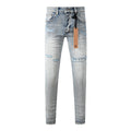 Purple Men's Light Blue Slim Fit Distressed Jeans with Decorative Stitching, Graphic Patchwork, and Urban Street Style 3047