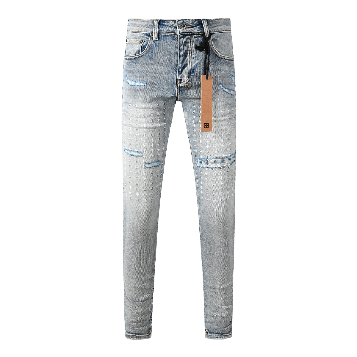 Purple Men's Light Blue Slim Fit Distressed Jeans with Decorative Stitching, Graphic Patchwork, and Urban Street Style 3047