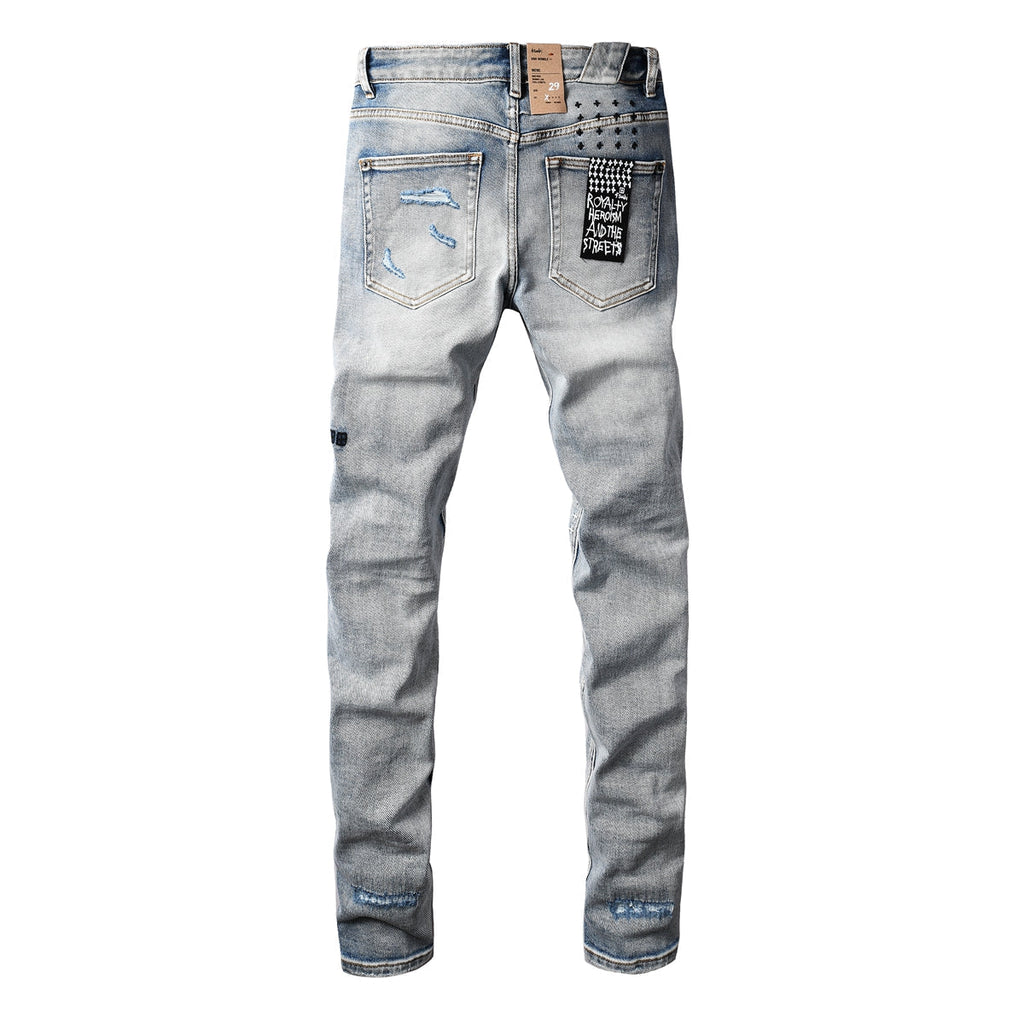 Purple Men's Light Blue Slim Fit Distressed Jeans with Decorative Stitching, Graphic Patchwork, and Urban Street Style 3047
