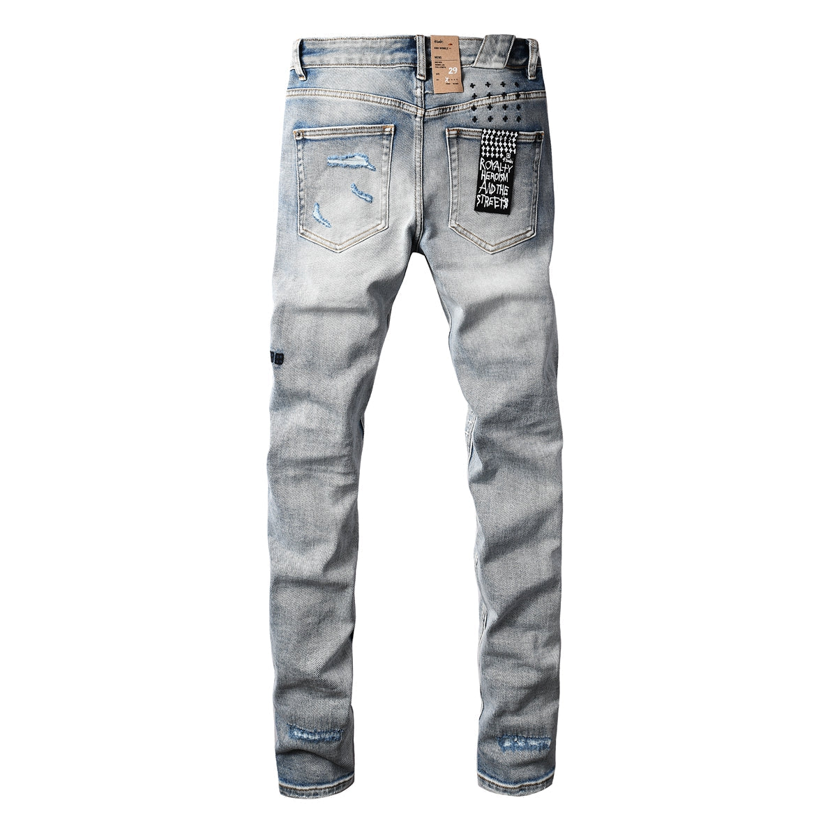 Purple Men's Light Blue Slim Fit Distressed Jeans with Decorative Stitching, Graphic Patchwork, and Urban Street Style 3047
