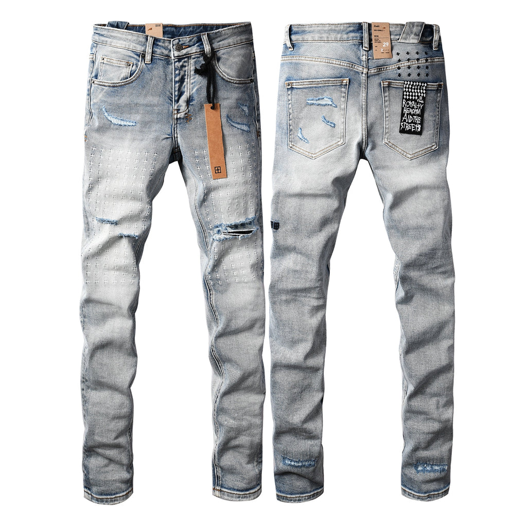 Purple Men's Light Blue Slim Fit Distressed Jeans with Decorative Stitching, Graphic Patchwork, and Urban Street Style 3047