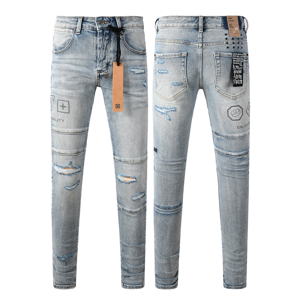 Purple Jeans Edgy Streetwear Men’s Light Blue Ripped Skinny Jeans with Futuristic Symbol Graphic Patches and Heavy Distressing 3048