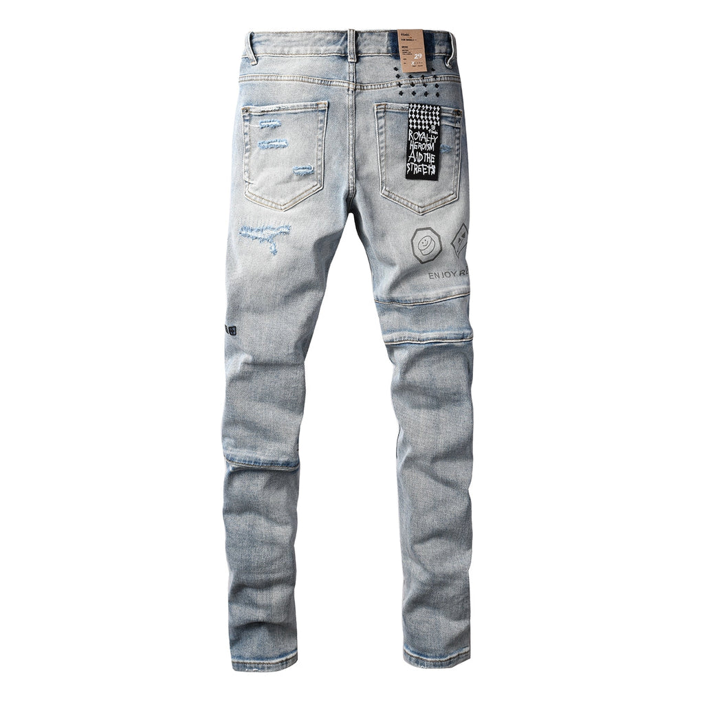 Purple Jeans Edgy Streetwear Men’s Light Blue Ripped Skinny Jeans with Futuristic Symbol Graphic Patches and Heavy Distressing 3048