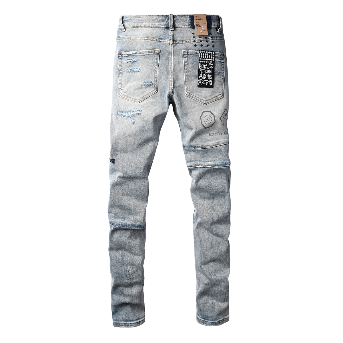 Purple Jeans Edgy Streetwear Men’s Light Blue Ripped Skinny Jeans with Futuristic Symbol Graphic Patches and Heavy Distressing 3048