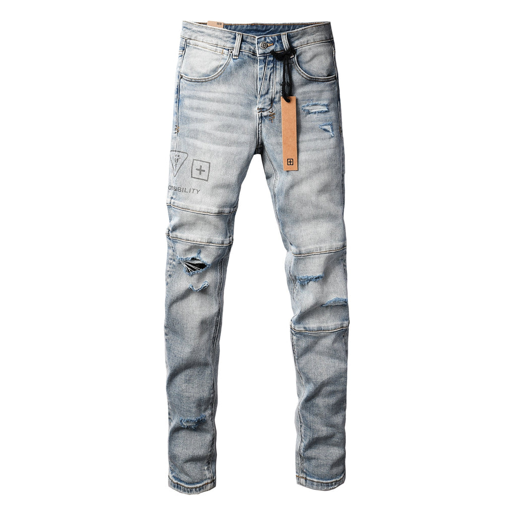 Purple Jeans Edgy Streetwear Men’s Light Blue Ripped Skinny Jeans with Futuristic Symbol Graphic Patches and Heavy Distressing 3048