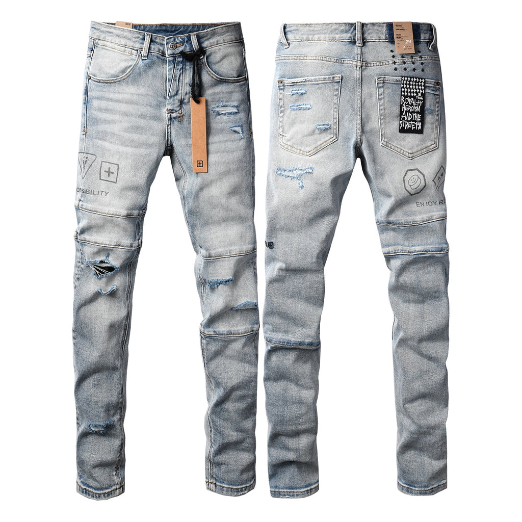 Purple Jeans Edgy Streetwear Men’s Light Blue Ripped Skinny Jeans with Futuristic Symbol Graphic Patches and Heavy Distressing 3048