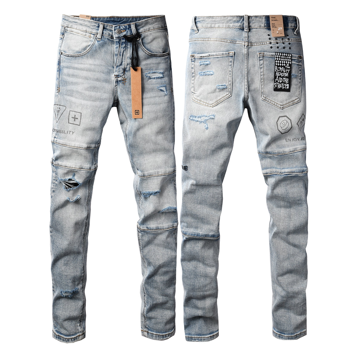 Purple Jeans Edgy Streetwear Men’s Light Blue Ripped Skinny Jeans with Futuristic Symbol Graphic Patches and Heavy Distressing 3048