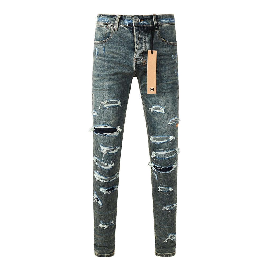Purple JeansMen’s Dark Blue Heavy Ripped Skinny Jeans with Extreme Distressing and Back Graphic Patch for Street Style 3049