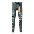 Purple JeansMen’s Dark Blue Heavy Ripped Skinny Jeans with Extreme Distressing and Back Graphic Patch for Street Style 3049
