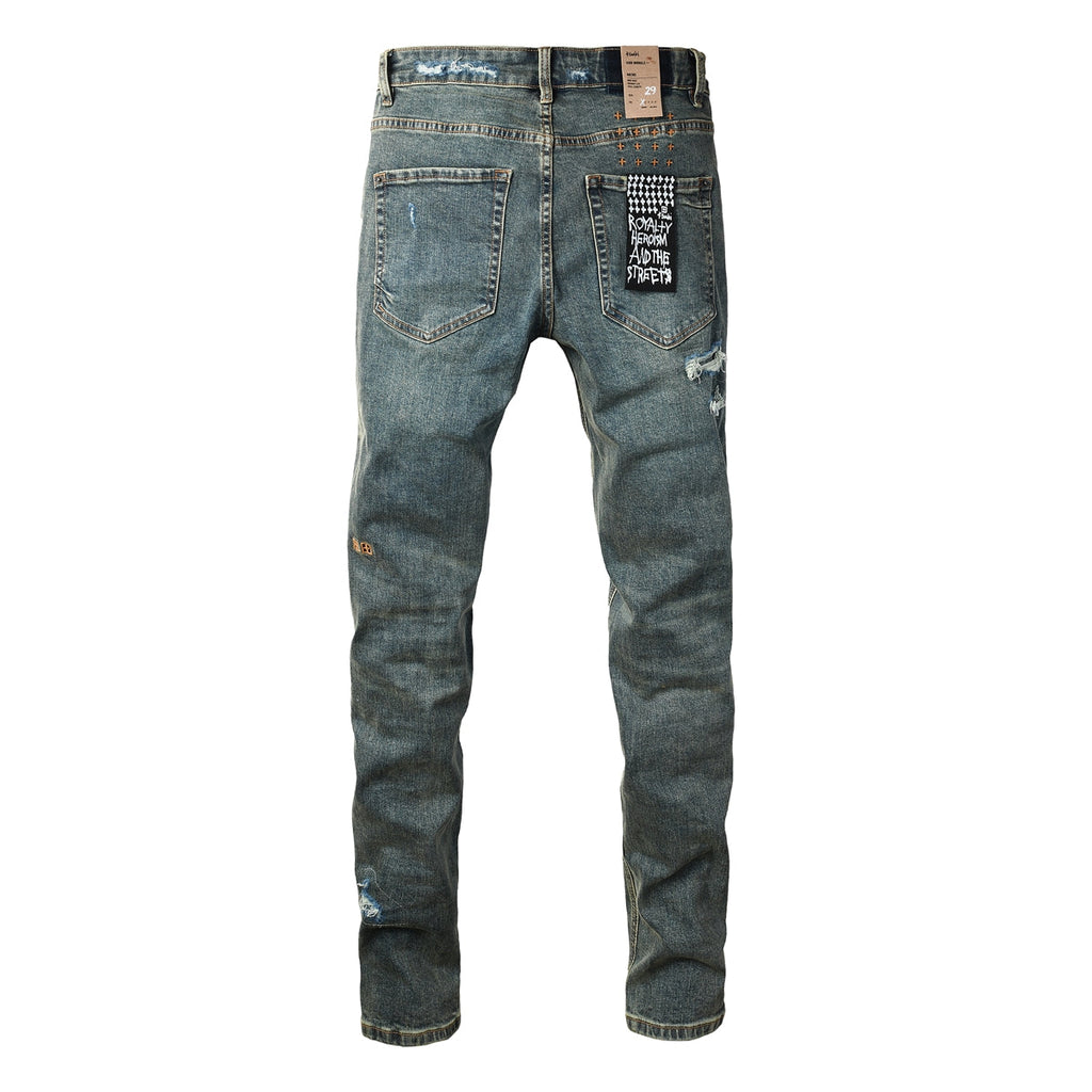 Purple JeansMen’s Dark Blue Heavy Ripped Skinny Jeans with Extreme Distressing and Back Graphic Patch for Street Style 3049