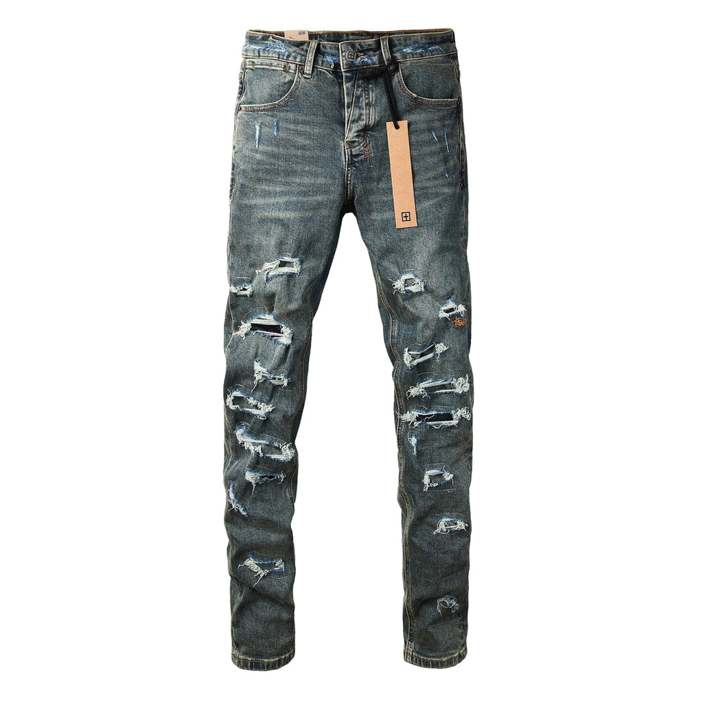 Purple JeansMen’s Dark Blue Heavy Ripped Skinny Jeans with Extreme Distressing and Back Graphic Patch for Street Style 3049